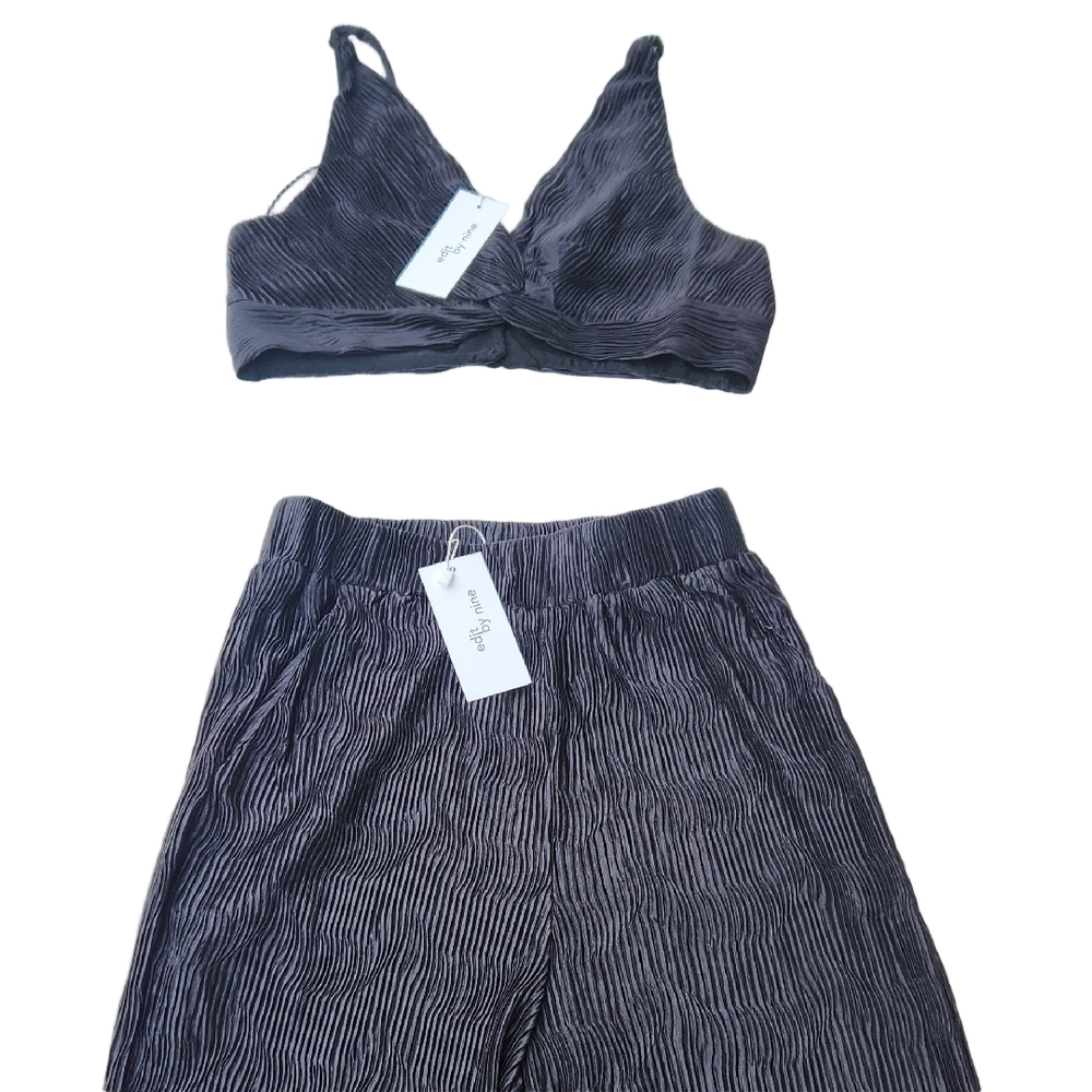 Edit by Nine Black Pleated Crop Top and Wide Leg Pants Set Small